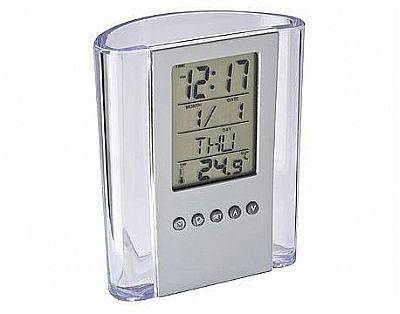 Acryl pennenhouder met klok, datum, dagaanduiding en thermometer